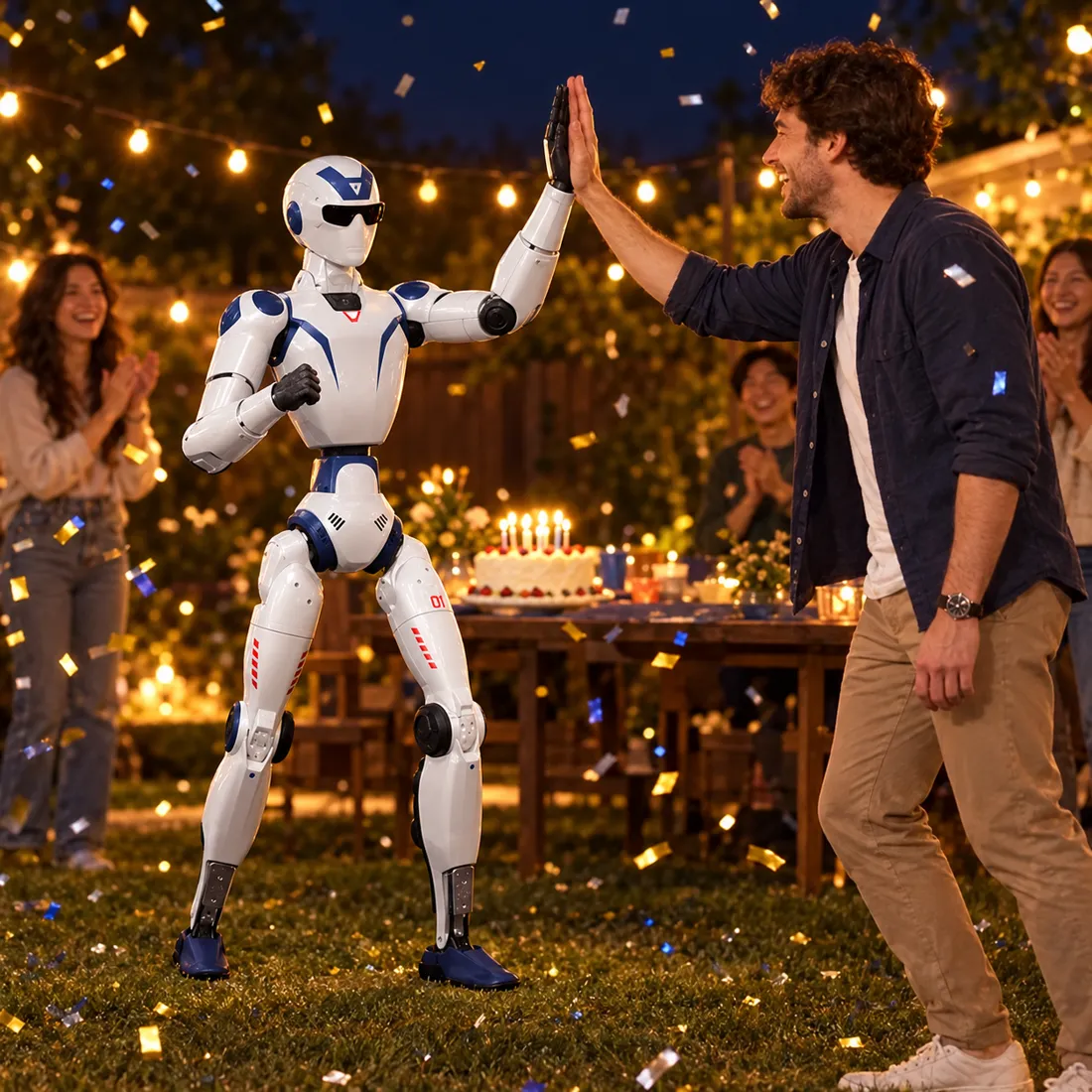 A Unitree R1 high-fiving a guest at a backyard birthday party