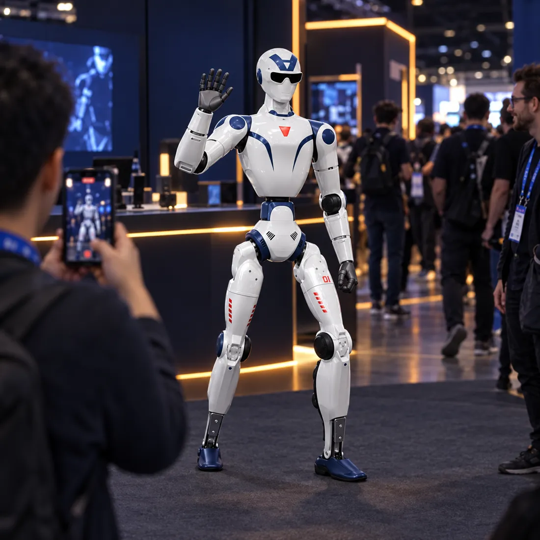 A Unitree R1 greeting attendees at a trade show booth