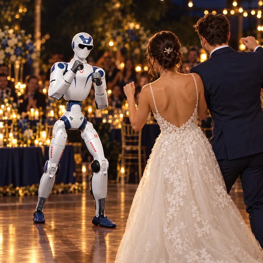 A Unitree R1 dancing beside a bride and groom at a reception